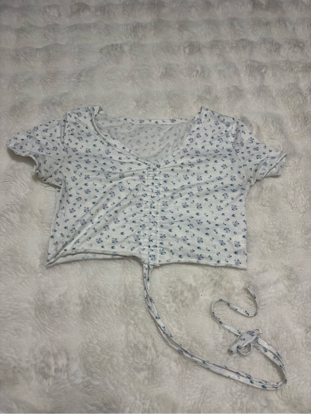 White Floral Ruched Front Crop Top with Tie